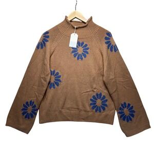 Brown Mock Neck Sweater Blue Floral Print‎ Long Sleeve Knit Boho Cottage Size S